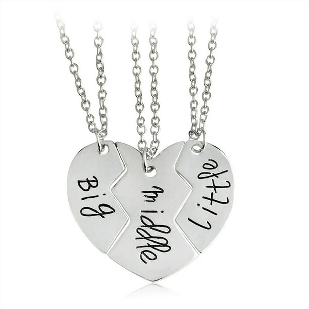 3pcs Silver Tone Little Middle Big Sister Matching Love Heart Necklace Chain Set